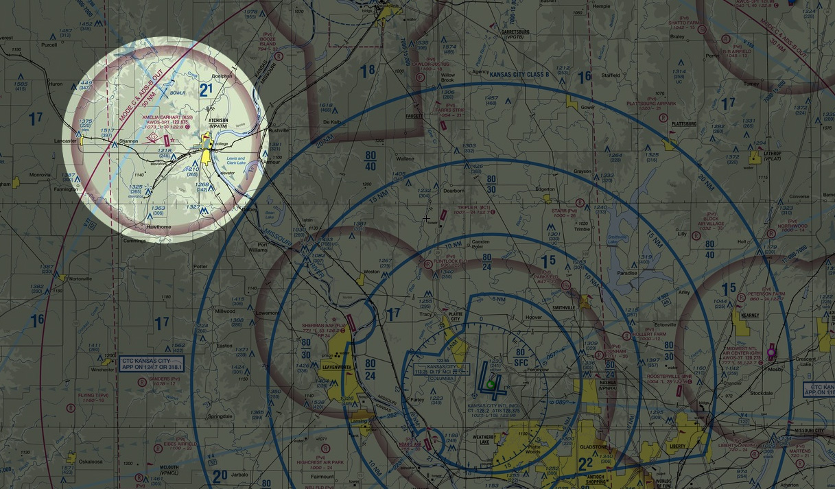 Amelia Earhart Airport is northwest of Kansas City International. AOPA graphic based on SkyVector image.