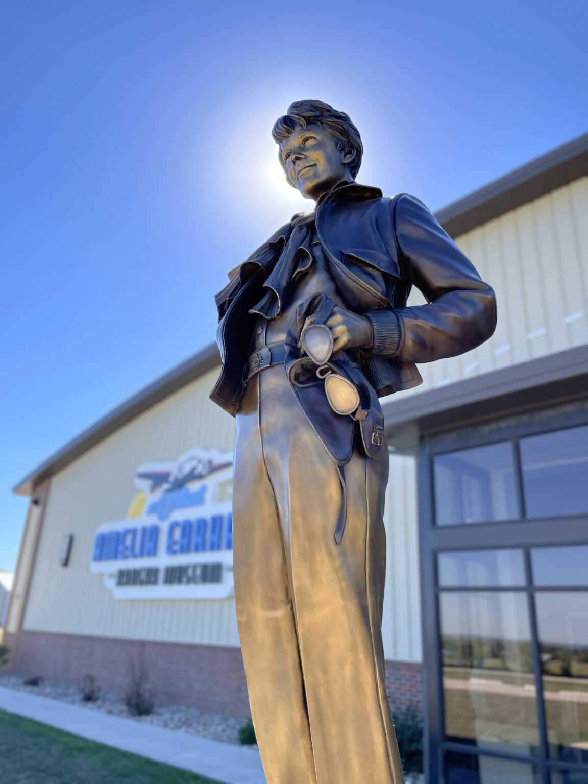 A bronze statue of Amelia Earhart welcomes visitors to the museum created in her honor in her Kansas hometown. Photo courtesy of the Atchison Amelia Earhart Foundation.