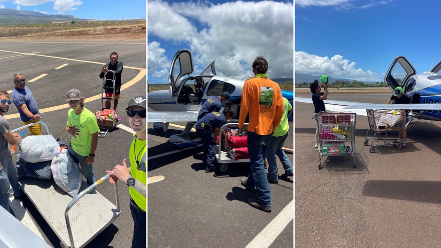 Pilots and other volunteers organized an emergency general aviation airlift that brought some of the first supplies of food, water, and medicine to Lahaina, the fire-ravaged community on Maui, Hawaii, at the epicenter of one of the deadliest wildfire disasters in U.S. history. Photos courtesy of Laurence Balter.