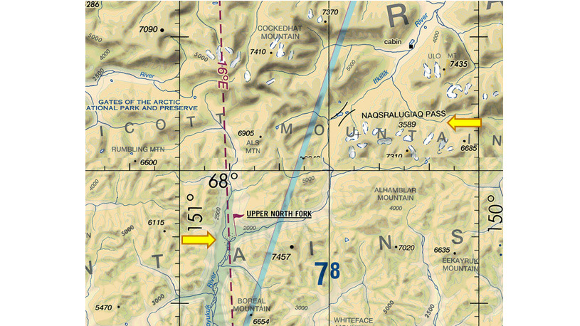 The VFR checkpoint Upper North Fork signals the need to turn northeast and leave the main river valley.  Naqsralugiaq Pass is the high point along this route, but is in a broad, glacier-scoured valley.  From here one follows the Itkillik River leading to more open terrain and the end of the Brooks Range to the north. FAA graphic. (Click image to view larger version.)