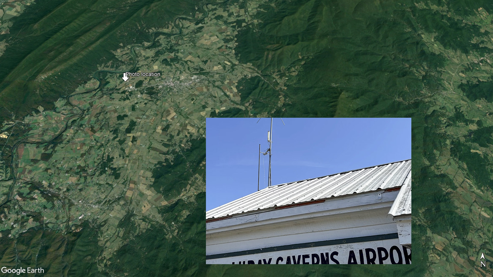 A Google Earth view marked to indicate where the inset photo of the uAvionix receiver installed by Civil Air Patrol volunteers was taken, at Luray Caverns Airport in Luray, Virginia. Google Earth image, inset image courtesy of uAvionix.