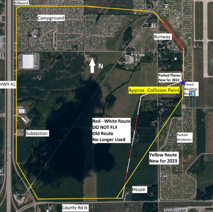 A diagram included in the NTSB preliminary report on the July 29 collision of a helicopter and a gyroplane attempting to land at EAA AirVenture Oshkosh. NTSB image.