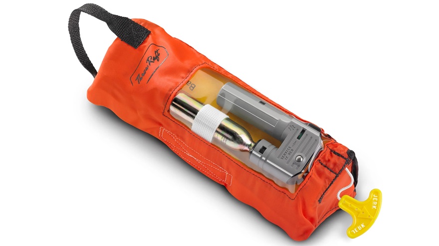 The original orange ThrowRaft TD2401 automatically inflates on contact with water using a replaceable gas cartridge. Image courtesy of ThrowRaft.