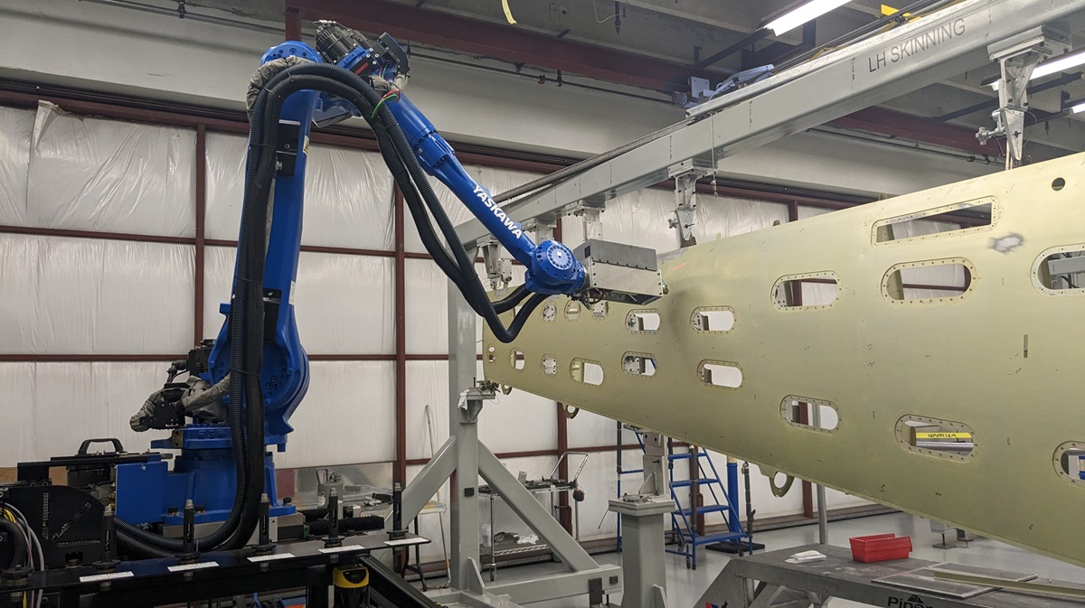 The Agile Manufacturing Robot from Wilder Systems drills holes for M600 wings in the Piper Aircraft factory in Vero Beach, Florida. Photo courtesy of Piper Aircraft.