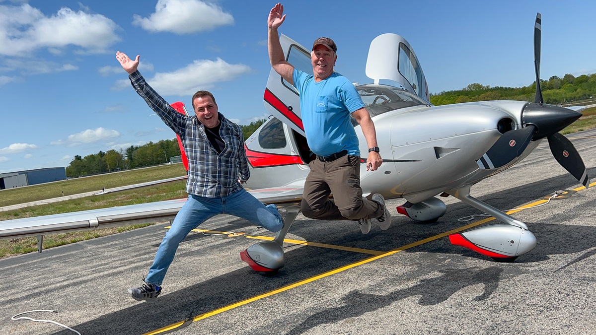John Skittone, left, and Bob Reynolds execute the jump photo to kick things off in Sanford, Maine, at 10:35 a.m. May 17. Photo courtesy of Bob Reynolds.