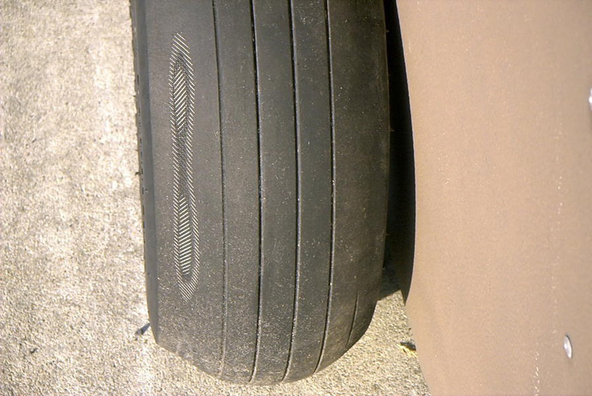 Any tire showing the inner fabric piles is unairworthy and must be replaced before further flight.  Photo courtesy of Jeff Simon.