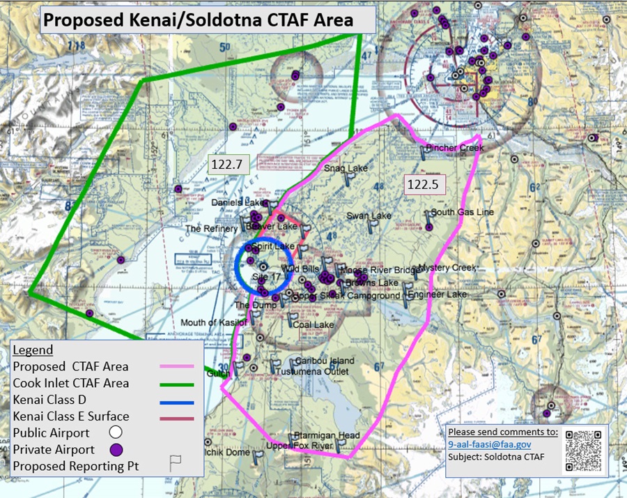 The proposed common traffic advisory frequency areas on the upper Kenai Peninsula. Inside the pink line, the CTAF would be 122.5 MHz. The reporting points shown would be added to the sectional chart to increase situational awareness for pilots making traffic calls. Graphic based on FAA data.