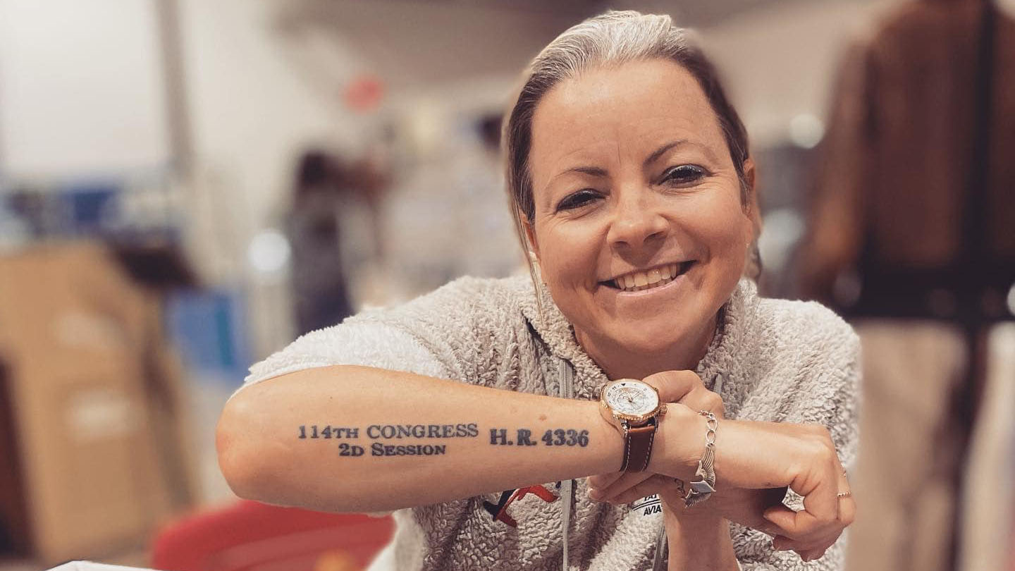 Erin Miller, granddaughter of WASP member Elaine Danforth Harmon, wears the Abingdon Co. WASP watch at the National WASP WWII Museum’s annual WASP Homecoming and Fly-in. Photo courtesy of Abingdon Co. 