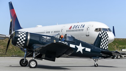 Delta Air Lines employee volunteers stripped 11 layers of paint from the Corsair before repainting. Photo by Josh Frizzell.
