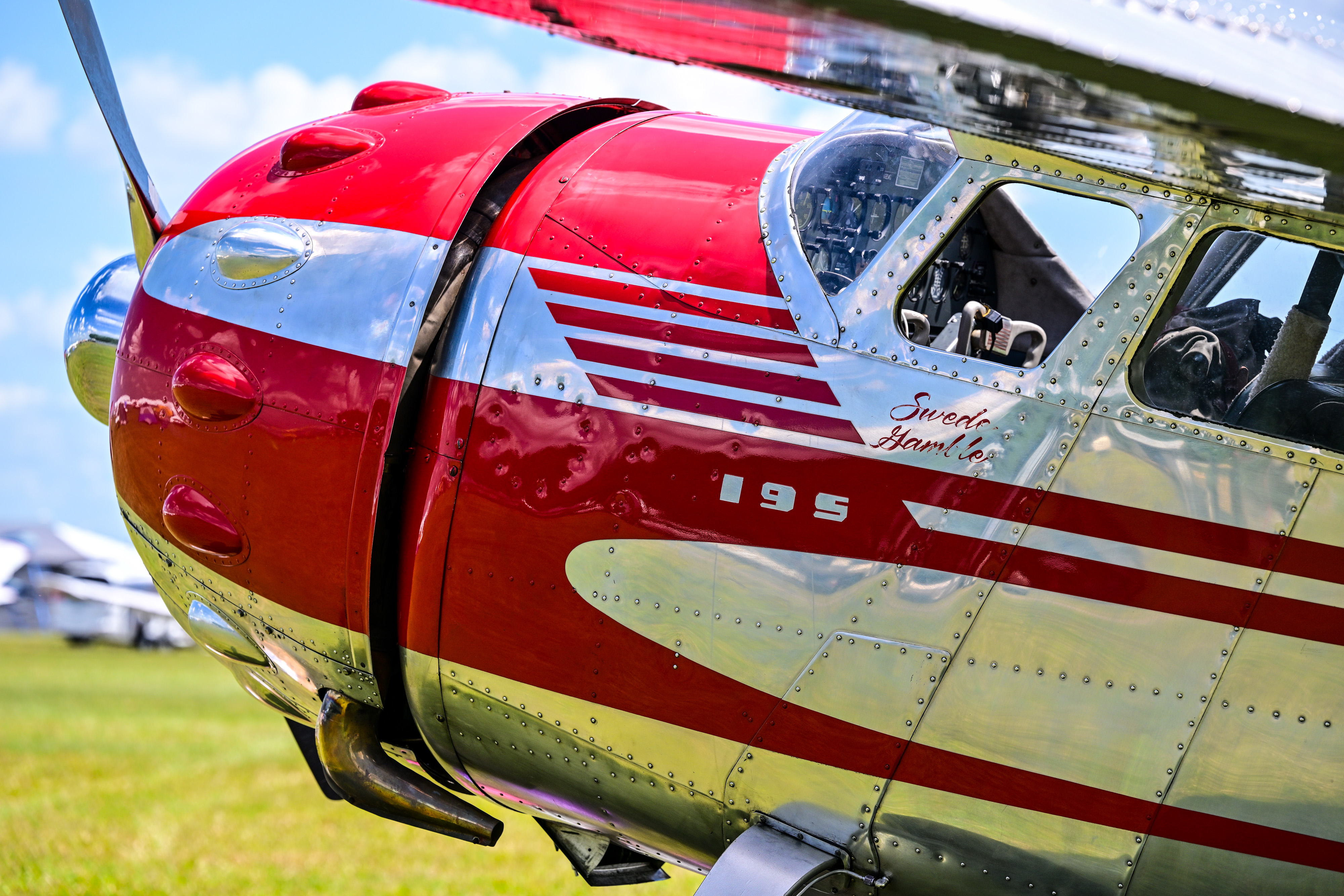 A Cessna 195 is parked among the vintage aircraft. Photo by David Tulis.