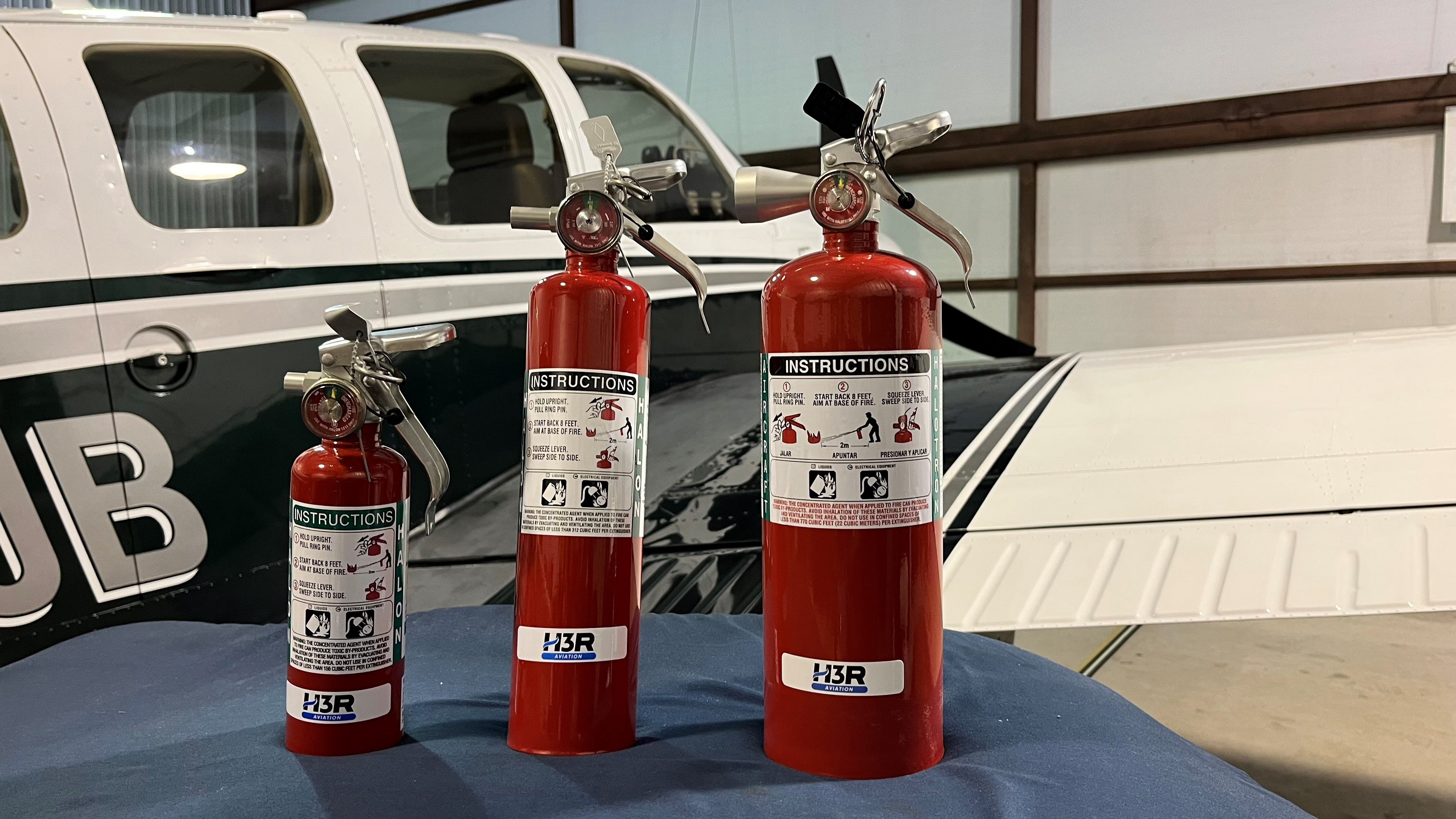 Halon extinguishers come in a variety of sizes for different applications. Photo courtesy of Jeff Simon.