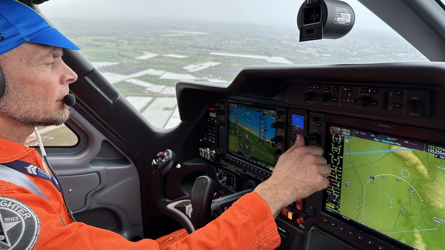 Tecnam pilot Lorenzo de Stefano flies the P2012 multiengine airplane over the Campania region of Italy. Photo by Sarah Deener.