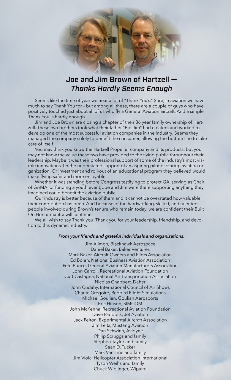 General aviation industry leaders signed an open letter of thanks to Joe and Jim Brown for their stewardship of Hartzell Propeller.