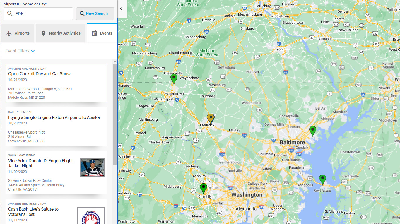 Find events near specific locations using the interactive map within the new AOPA Events Calendar. Click the image to search around your chosen location(s).