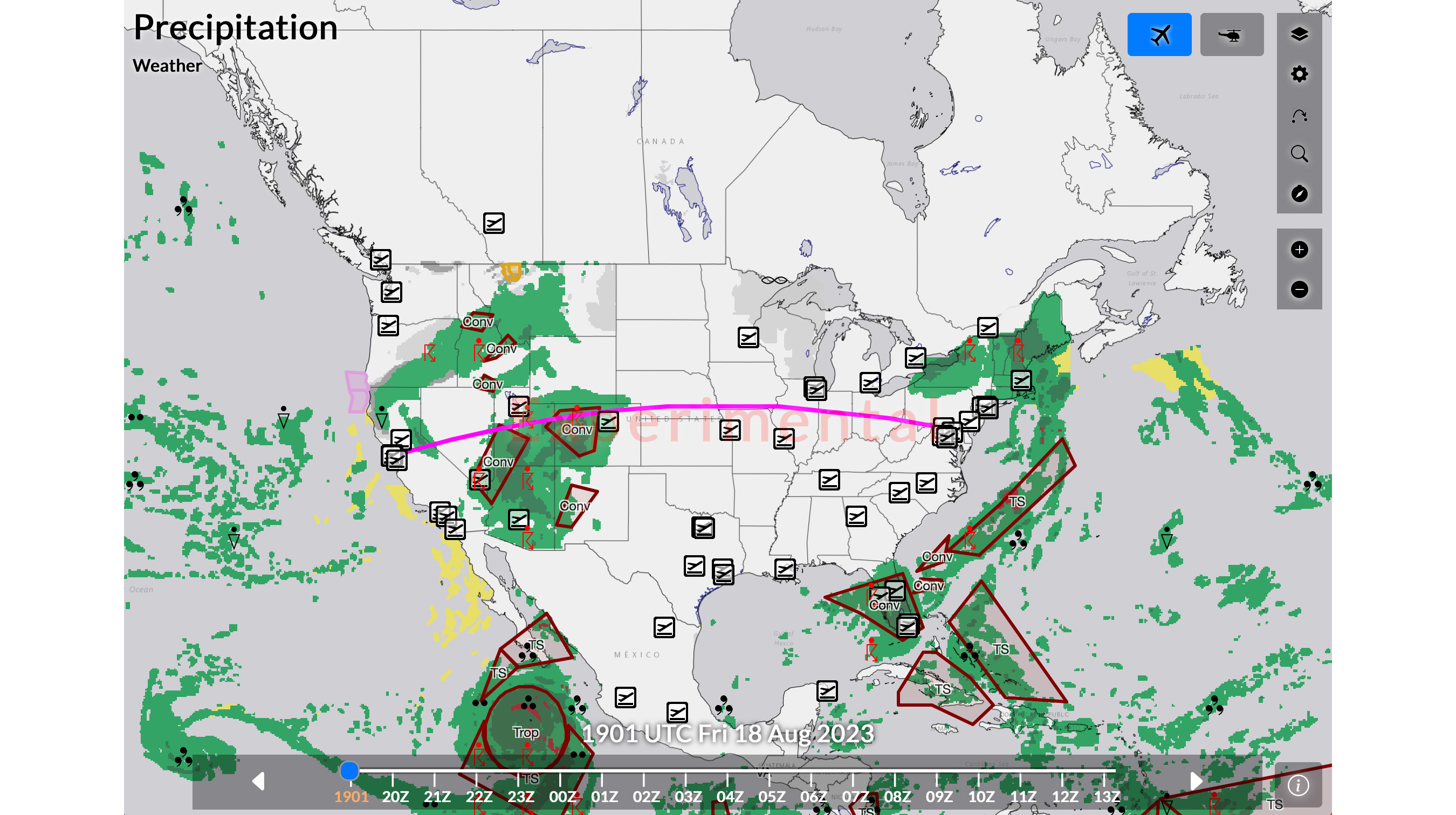 Users can draw a flight path using the Cross Section Tool. This image shows a flight path from Frederick Municipal Airport in Maryland to San Francisco International Airport, with a layer displaying precipitation. 