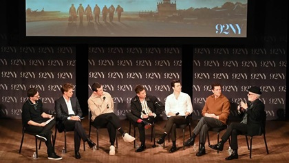 From left, panel host Josh Horowitz; 'Masters of the Air' actors Austin Butler, Callum Turner, Barry Keoghan, Anthony Boyle, and Nate Mann; and Executive Producer Gary Goetzman. Photo by Emma Quedzuweit.