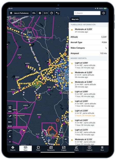 Factors such as aircraft size and speed affect the level of turbulence experienced, so this data is displayed for each report. ForeFlight said the data is anonymized and derived from what ADS-B Out-equipped aircraft are already sharing. Image courtesy of ForeFlight.
