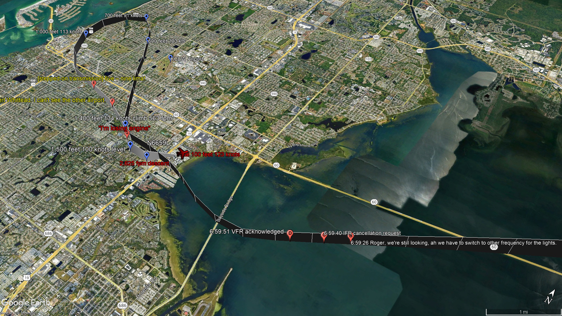 A Google Earth image overlaid with FlightAware ADS-B data shows the flight path of N6659L on February 1. Radio transmissions are indicated with approximate geolocation. Google Earth image/FlightAware and LiveATC.net data used for markings.