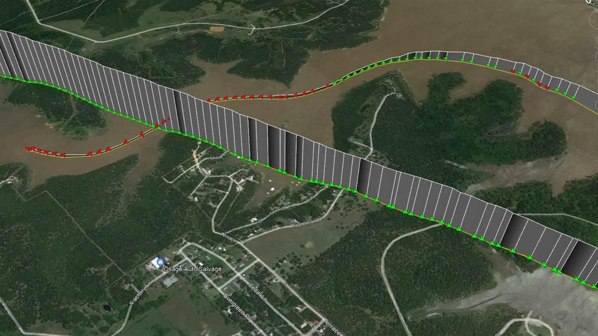 This visualization of ADS-B data created by NTSB investigators shows the flight path of the Boeing Stearman PT-17 before and after it struck power lines and crashed into water near Prue, Oklahoma. NTSB image.
