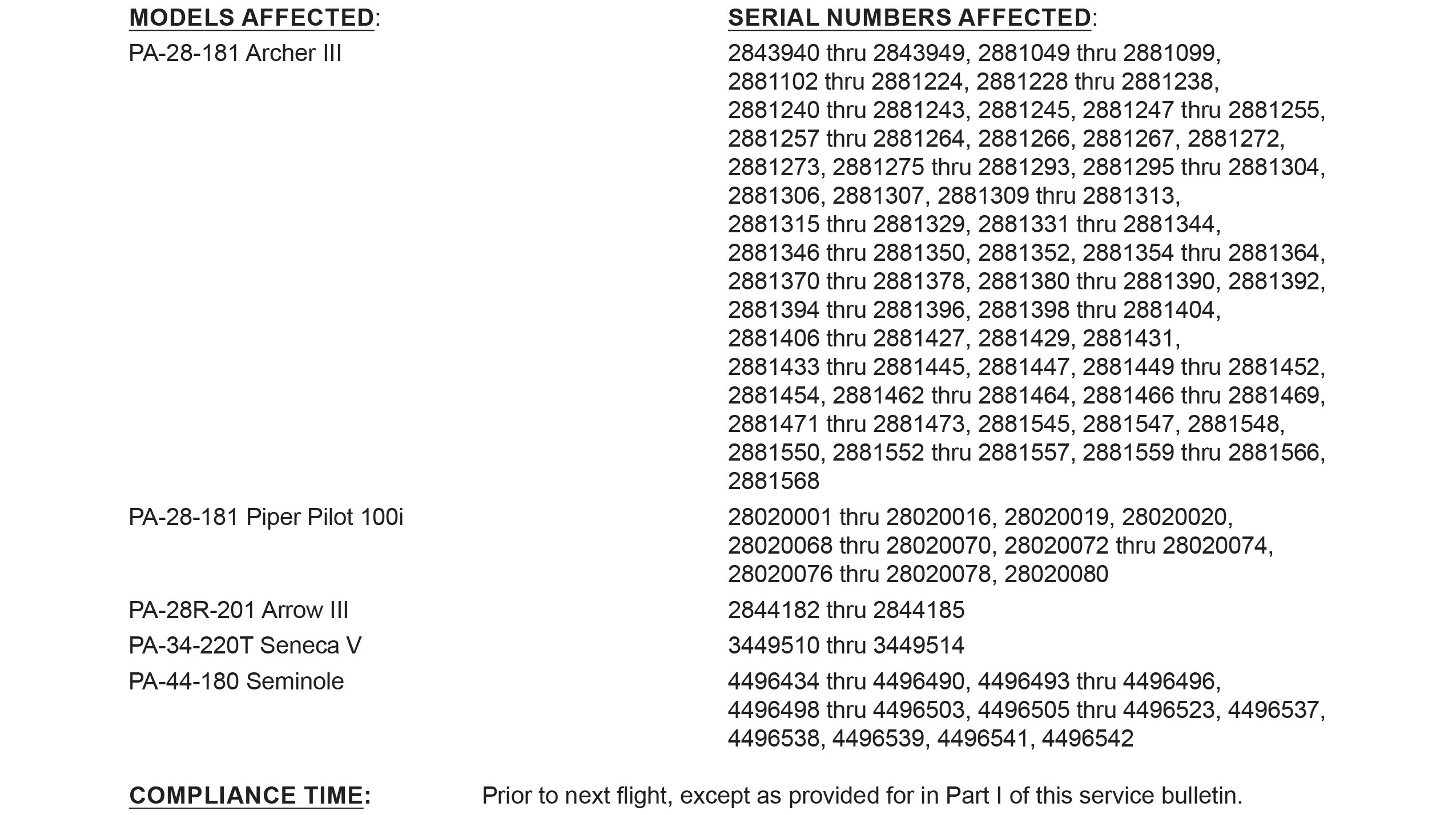 Table from Piper Aircraft Service Bulletin 1413.