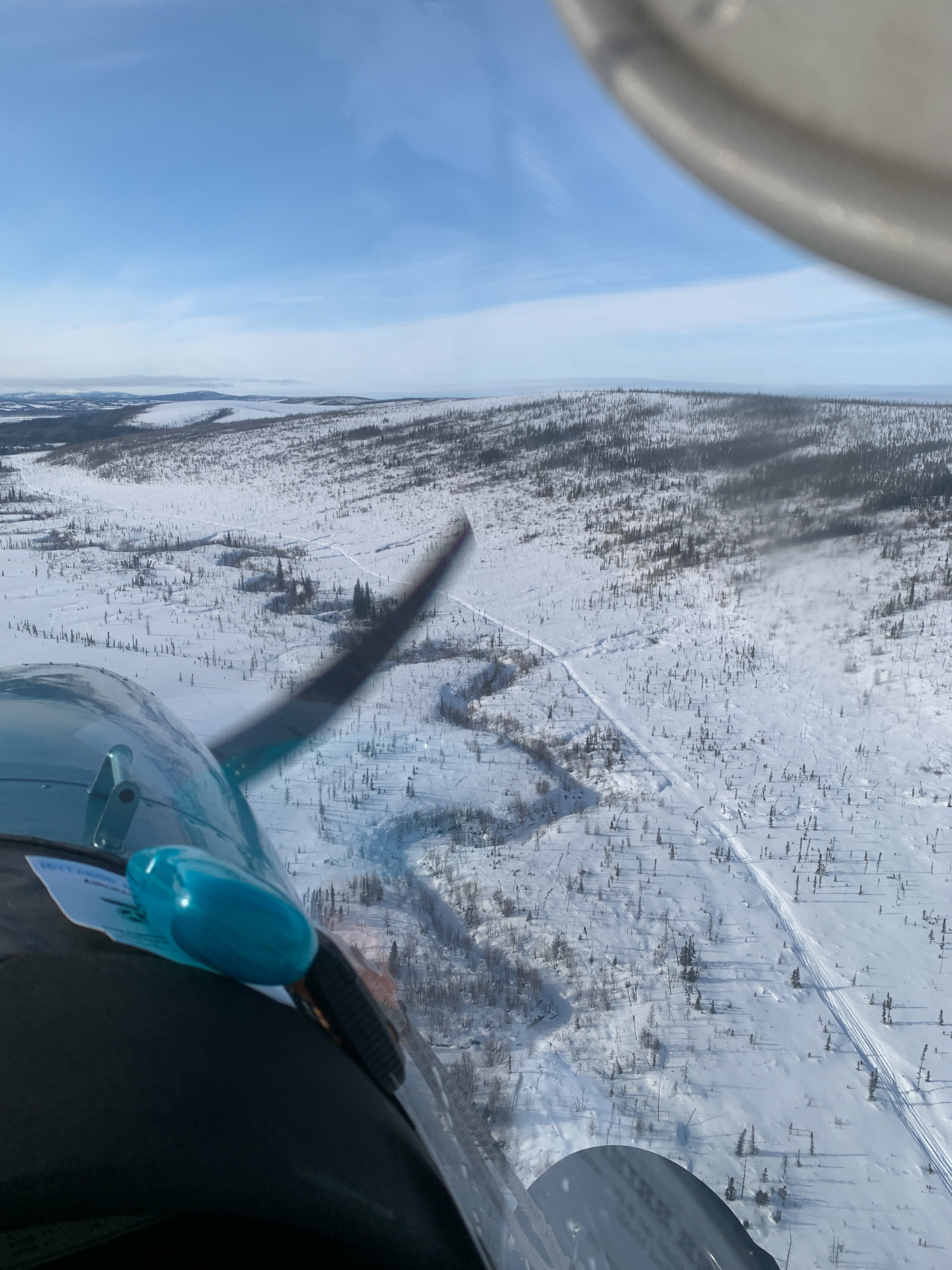 Flying along the Iditarod Trail as the racecourse parallels Hunch Creek, north of Takotna, approaching the halfway point. Photo by Alcia Herron.