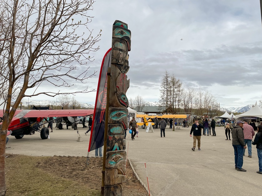 Great Alaska Aviation Gathering attendees congregate at the Plaza, the hub of the event that featured the 2024 Alaska Airmen's Association raffle fundraiser grand prize airplane—an experimental Piper PA-18 Super Cub. Photo by Kollin Stagnito.