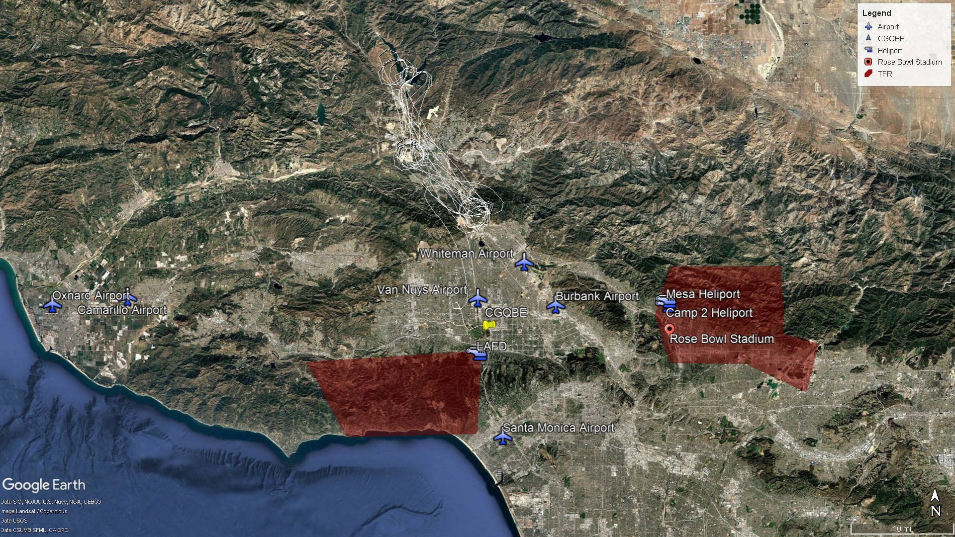 Various California airports supported firefighting operations in Los Angeles. Temporary flight restrictions established or updated on January 11 and January 14 to protect firefighting aircraft are shaded in red. The flight path of the Bombardier CL-415 Super Scooper that struck a drone on January 8 is shown, beginning and ending at Van Nuys Airport. Google Earth image, FlightAware data included.