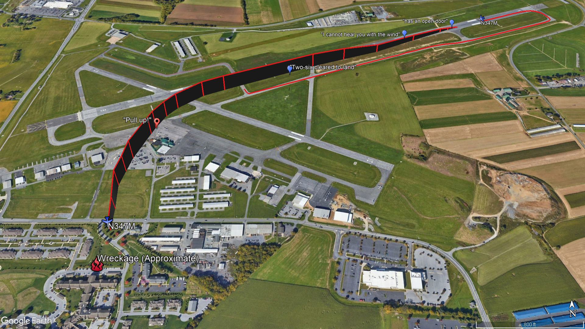 A Beechcraft Bonanza crashed and caught fire after reporting an open door on departure from Runway 26 at Lancaster Airport in Pennsylvania March 9. Google Earth image.