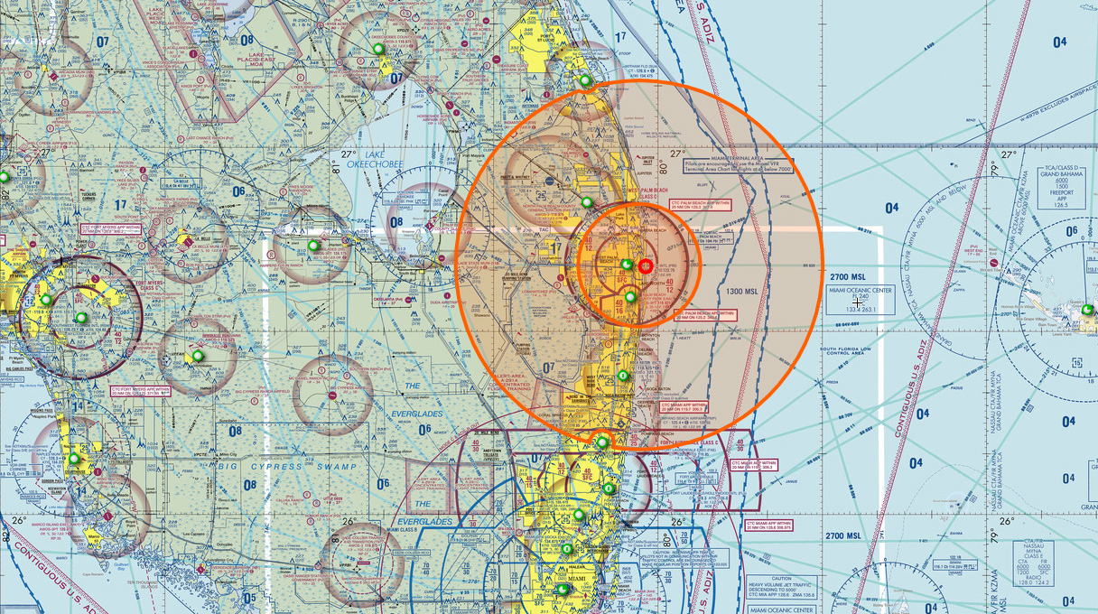 The FAA restricts flights around Palm Beach, Florida, when the president is in town. SkyVector image.