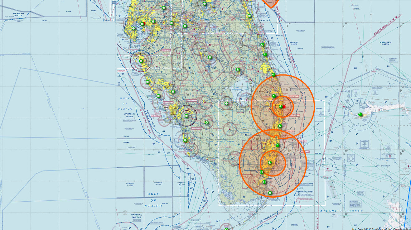 The FAA posted two temporary flight restrictions in Florida that will be active between April 11 and April 13. SkyVector image.