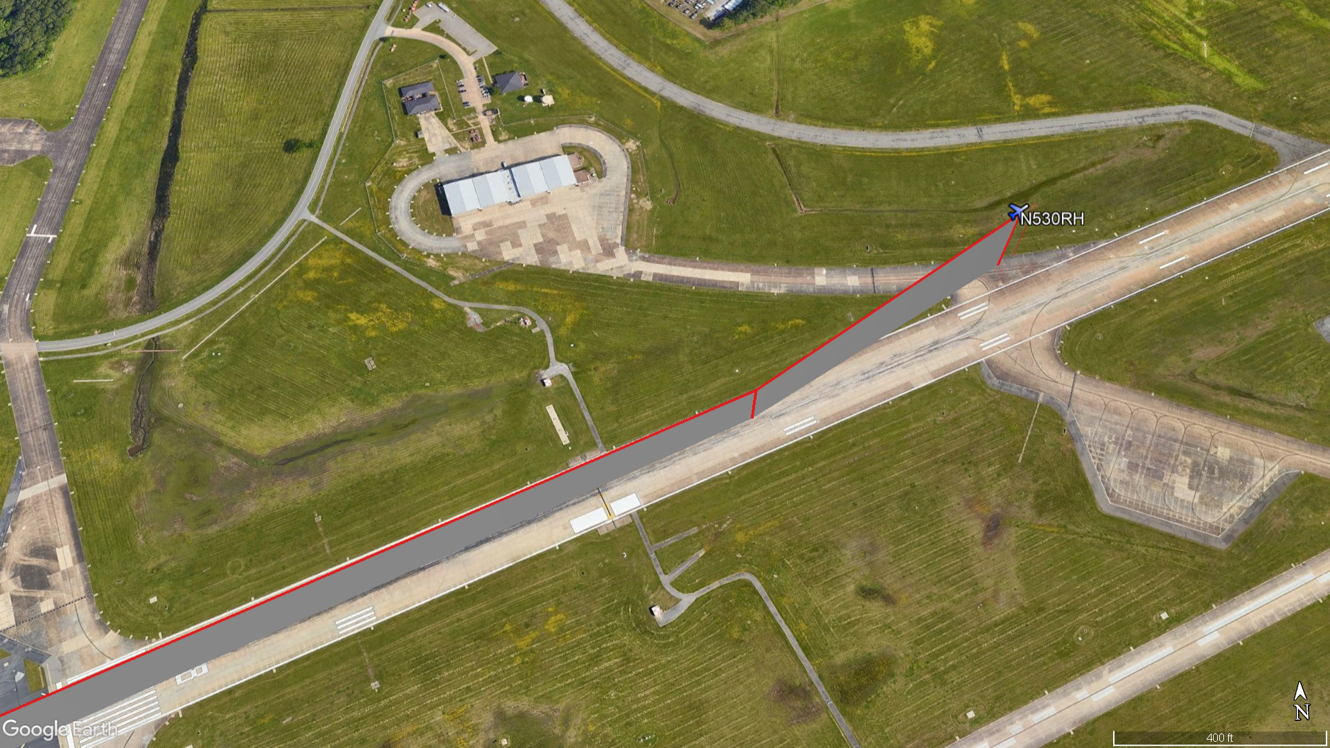 ADS-B data of the accident flight shows the MXS veered left of Runway 8 at Langley Air Force Base and ceased transmission abruptly just after 11:31 a.m. Eastern time April 24. Google Earth image.
