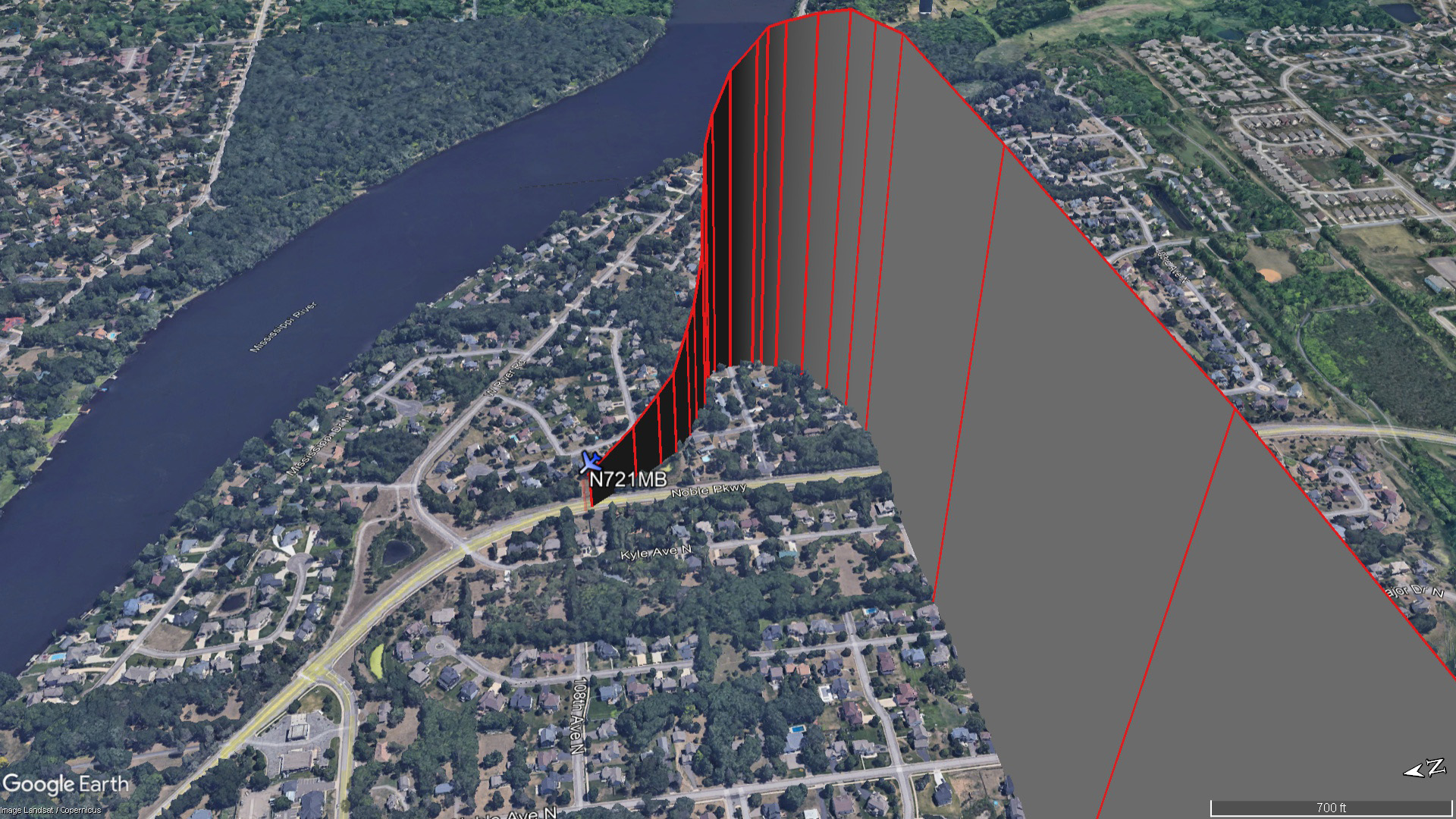 Visualized ADS-B Exchange data shows the accident aircraft turning left and rapidly descending from about 2,500 feet in the final seconds. Google Earth image.