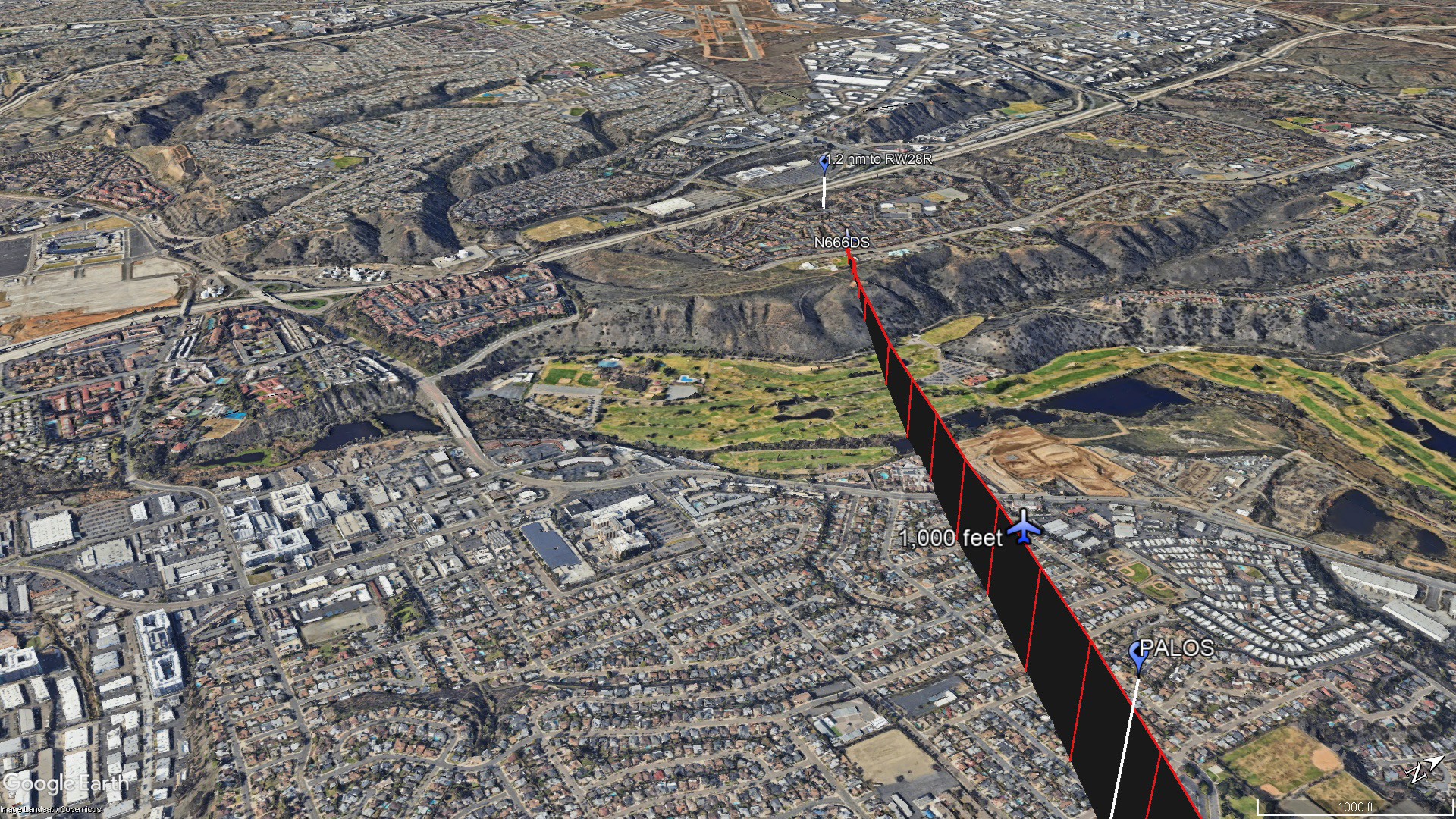 Visualization of the ADS-B track of N666DS shows the aircraft passed below the PALOS waypoint (shown here with altitude reference) and descended into transmission lines about 1.5 nautical miles from the runway. The marker located 1.2 nm from the runway illustrates the minimum descent altitude for the approach. Google Earth image.