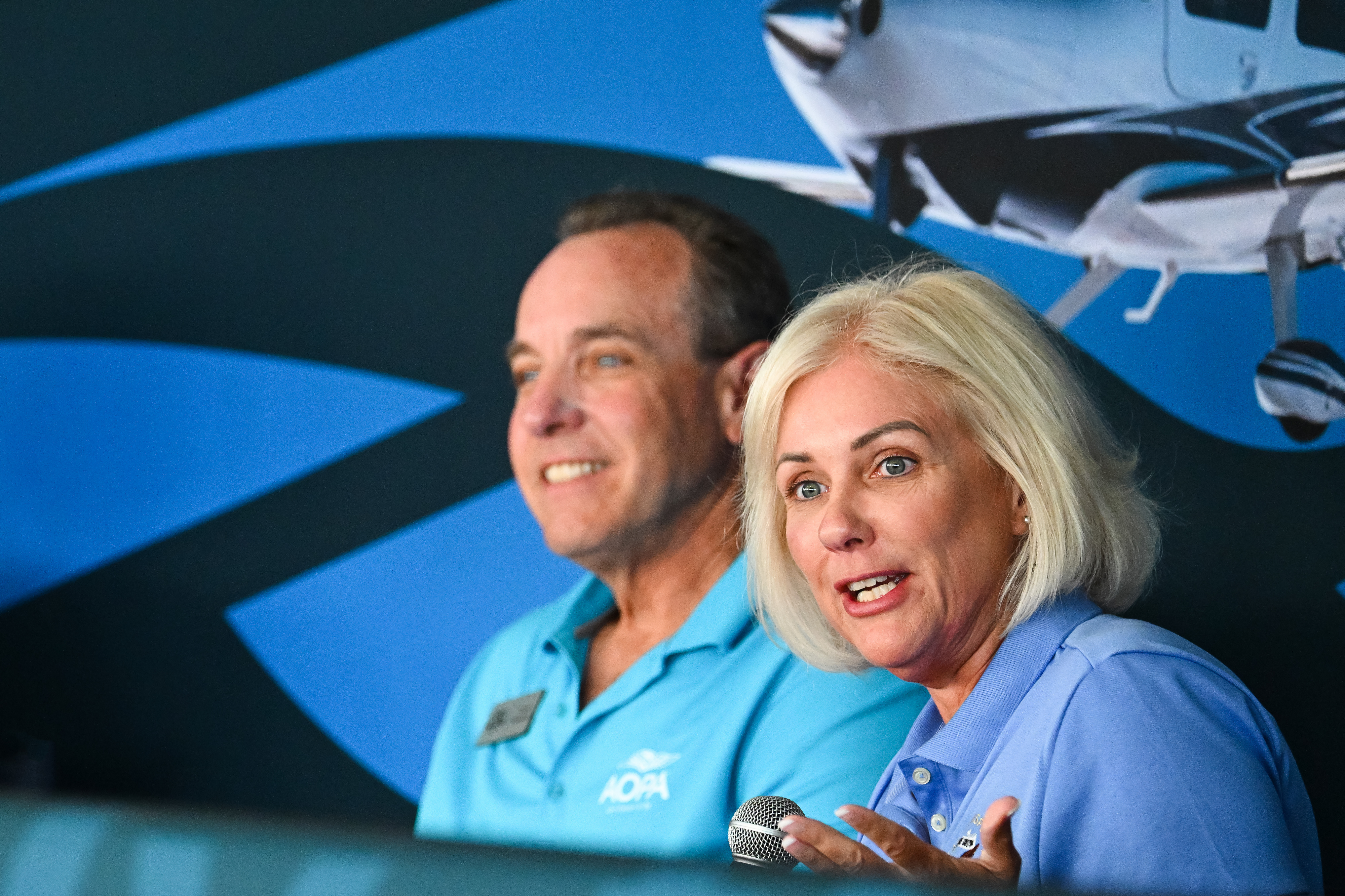 NTSB Chair Jennifer Homendy joins AOPA President Darren Pleasance for the State of Aviation Safety presentation on the AOPA campus. Photo by David Tulis.