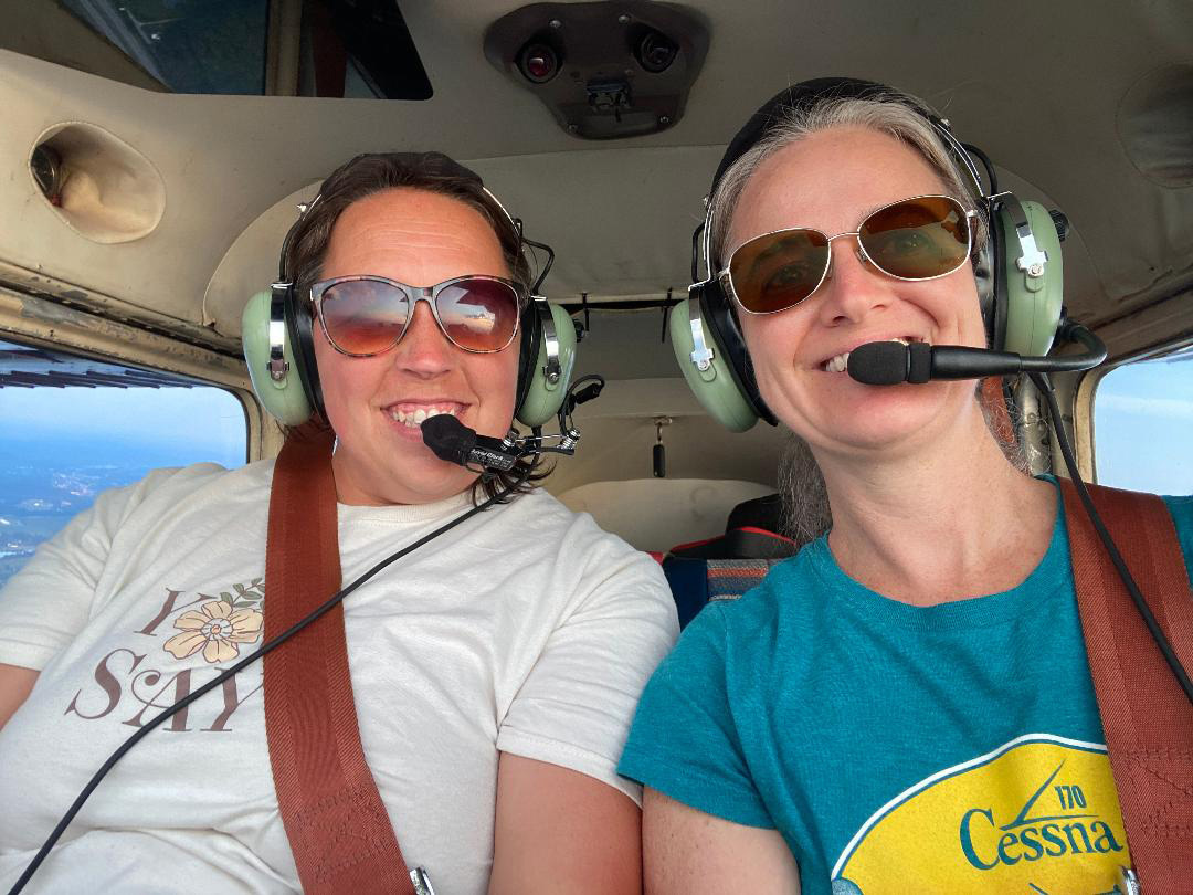 Jenny Sargent calls the flight "peaceful" as she and the author fly over Ohio farms and the community she grew up in—a reprieve from the emotions of sending her son off to college. Photo by Alyssa Cobb.