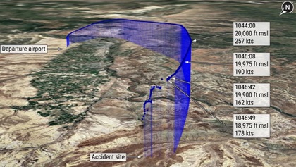 A visualization of N900VA flight track data showing a corkscrew descent. Image courtesy of the NTSB.