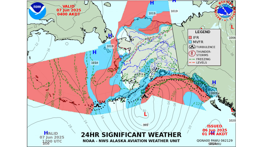 The new Significant Weather chart features more detailed map units but omits fronts, which are available as a separate chart. Image courtesy of NWS Alaska Aviation Weather Unit.