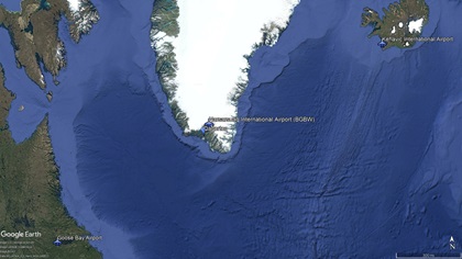 Piston aircraft crossing the Atlantic Ocean will have a somewhat shorter runway available in Qaqortoq, 37 nautical miles south of Narsarsuaq. Google Earth image.