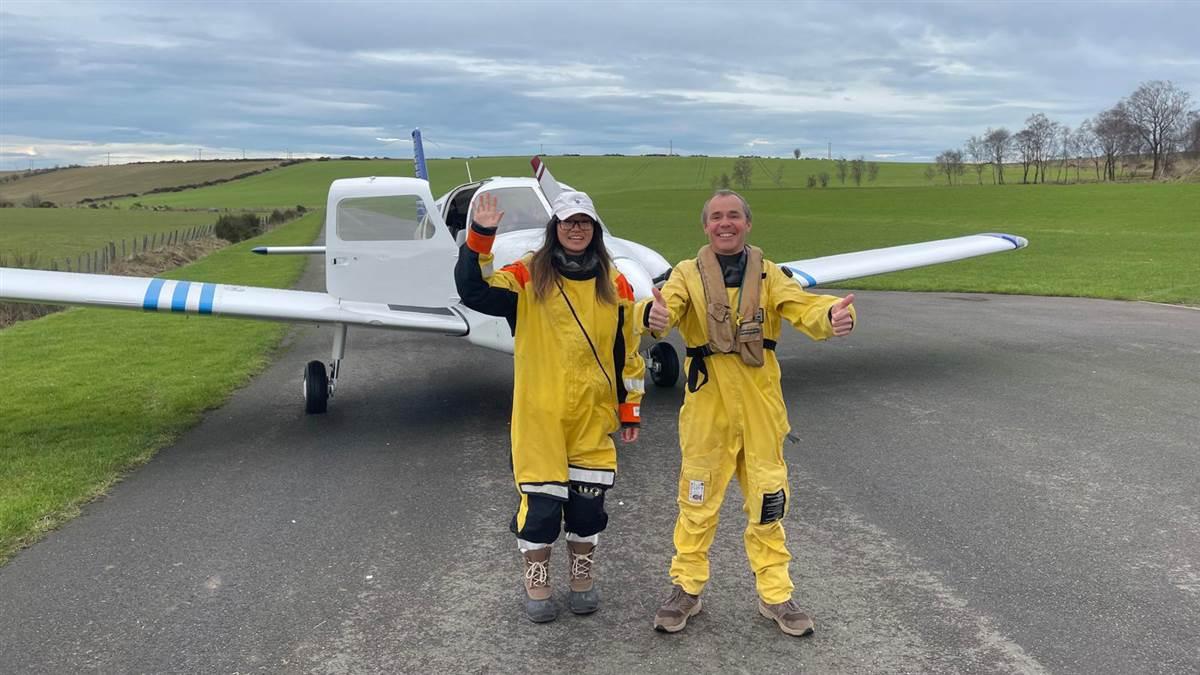 Sam Rutherford and his co-pilot, Shannon Wong, documented their arrival in Scotland on a journey that would include an encounter with warships engaged in combat operations against Iran from the Arabian Sea on March 1. Photo courtesy of Sam Rutherford (@neophile.me).