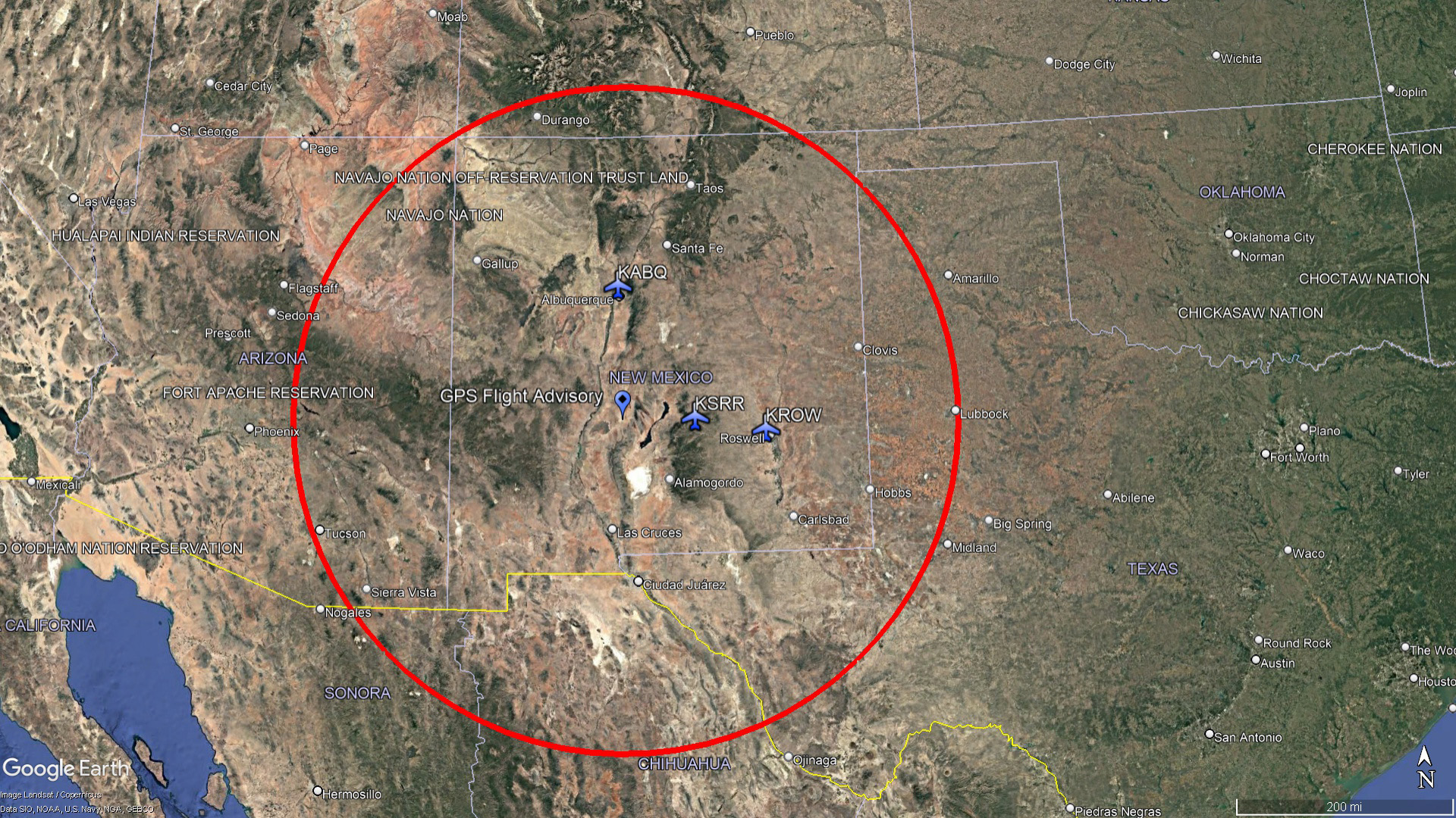 This Google Earth image includes a circle with a 240 nautical mile radius centered on the latitude and longitude provided in the GPS interference notice. The accident flight's origin, first destination, and second destination airports are all well within the region where interference could be expected below 10,000 feet msl. 