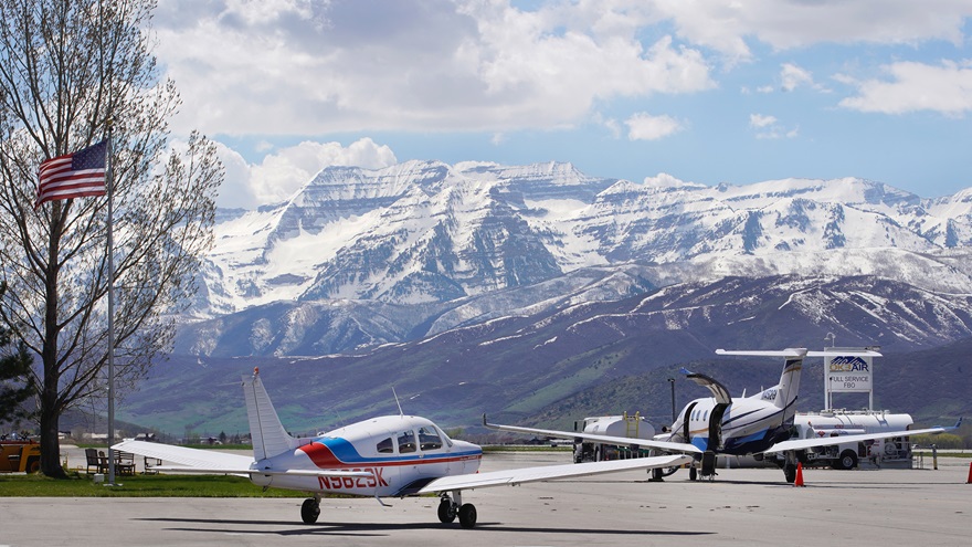 An aircraft taxis from the Heber Valley Airport ramp in Heber City, Utah. Photo by George Frey.