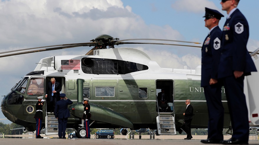 President Donald Trump arrives on the Marine One helicopter to board Air Force One for travel to Indiana from Joint Base Andrews, Maryland, Sept. 27, 2017. Photo by Jonathan Ernst, REUTERS.