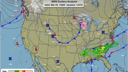 A surface analysis gives you a snapshot of weather conditions in a geographic region based on readings from ground-based weather stations.