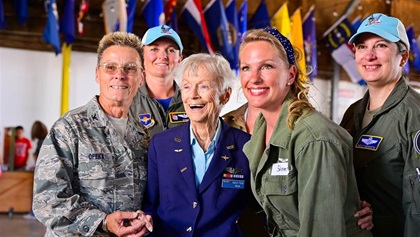 WASP Shirley Chase Cruse (in blue) greets visitors at the WASP WWII Museum.