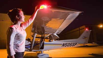 Position lights are a requirement for night flying. An easy way to remember which color is on each wing is with the mnemonic “port wine is red.” Photo by Mike Fizer