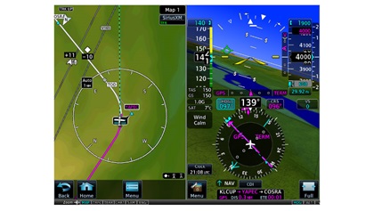 Note the top of descent (TOD) marker on the map and the magenta VNAV caret (<) on the vertical scale next to altitude tape.