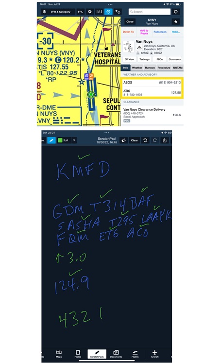At many airports you can call the ATIS and/or AWOS before engine start (top). Fill in the expected details of your clearance before you call ATC, and then confirm them with checkmarks or amend as needed (bottom).
