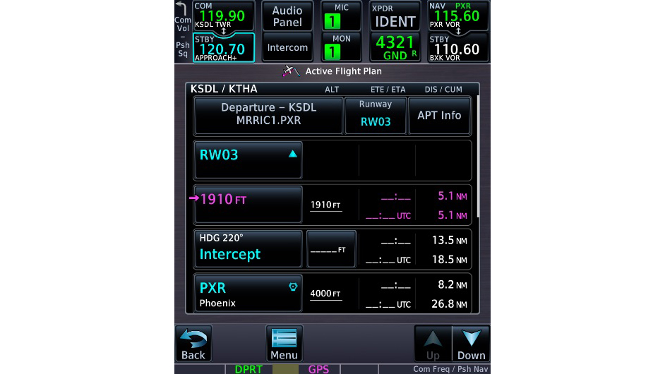 Modern navigators also can command turns at altitudes that are part of procedures in the database, as when flying the MRRIC1.PXR departure at SDL.