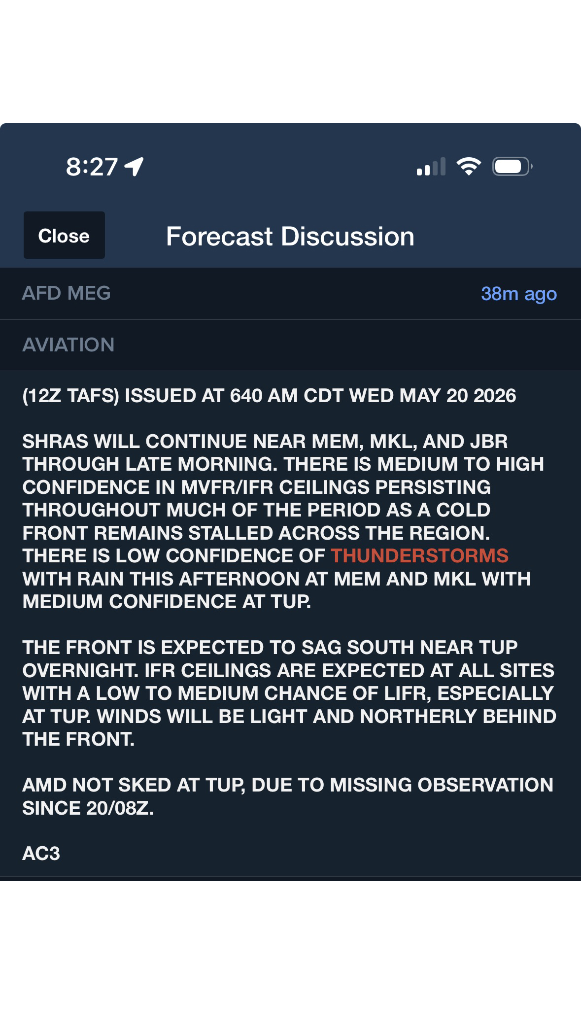 The panel showing "Forecast Discussion" is important to read during preflight planning, because it outlines the actual thoughts of the NWS forecaster who prepared the TAF. It shows the possibility of low IFR conditions forming.