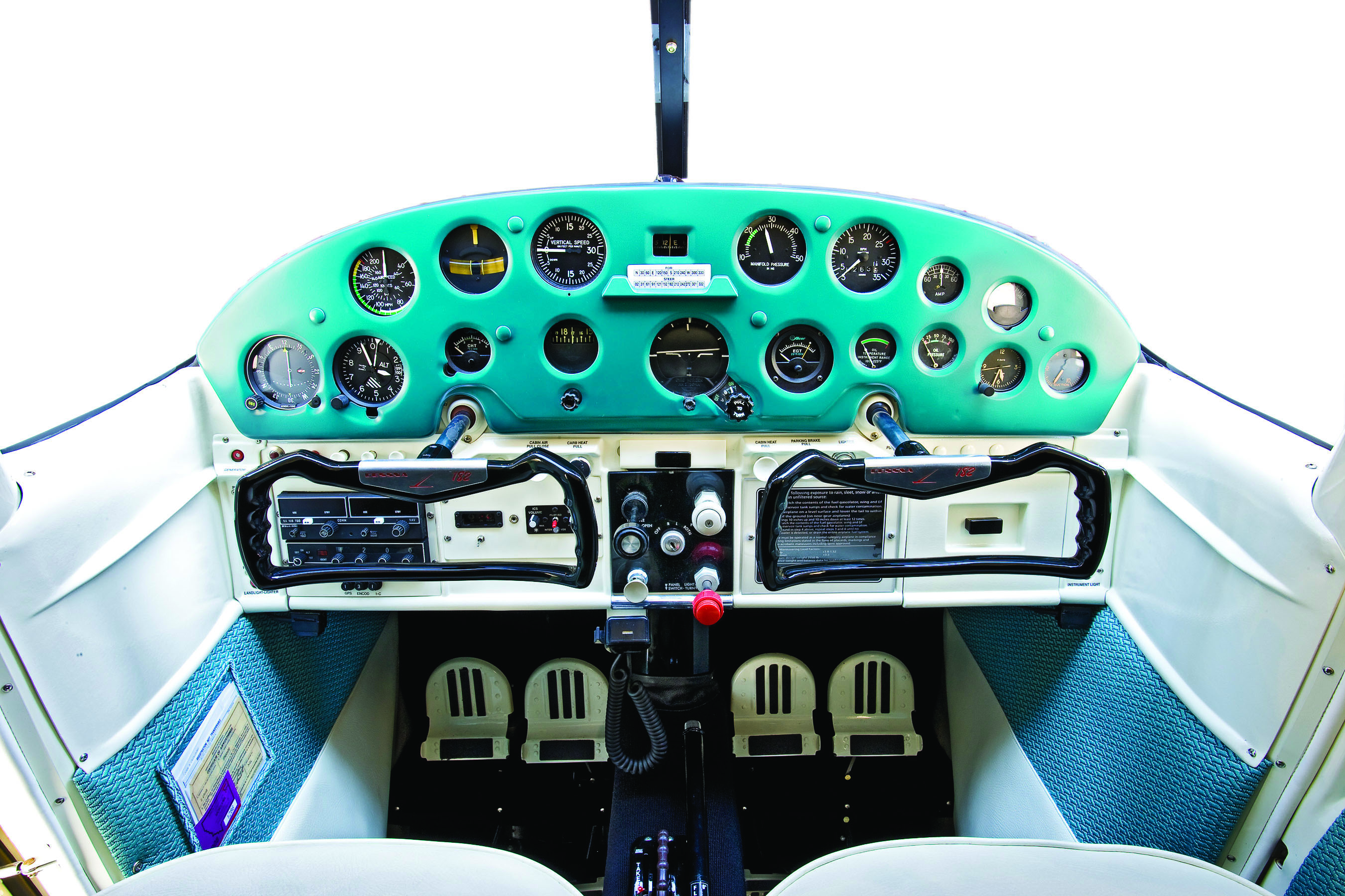 The standard arrangement (“six pack”) of flight instruments had yet to be adopted in 1956.